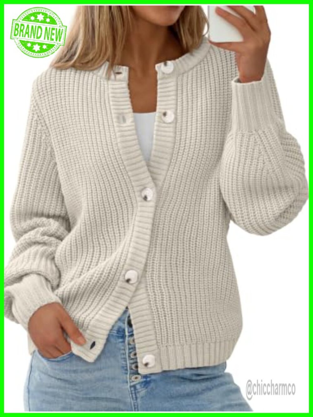 Chunky Knit Button Up Cardigan Sweater Crewneck Long Lantern Sleeve Loose Fit